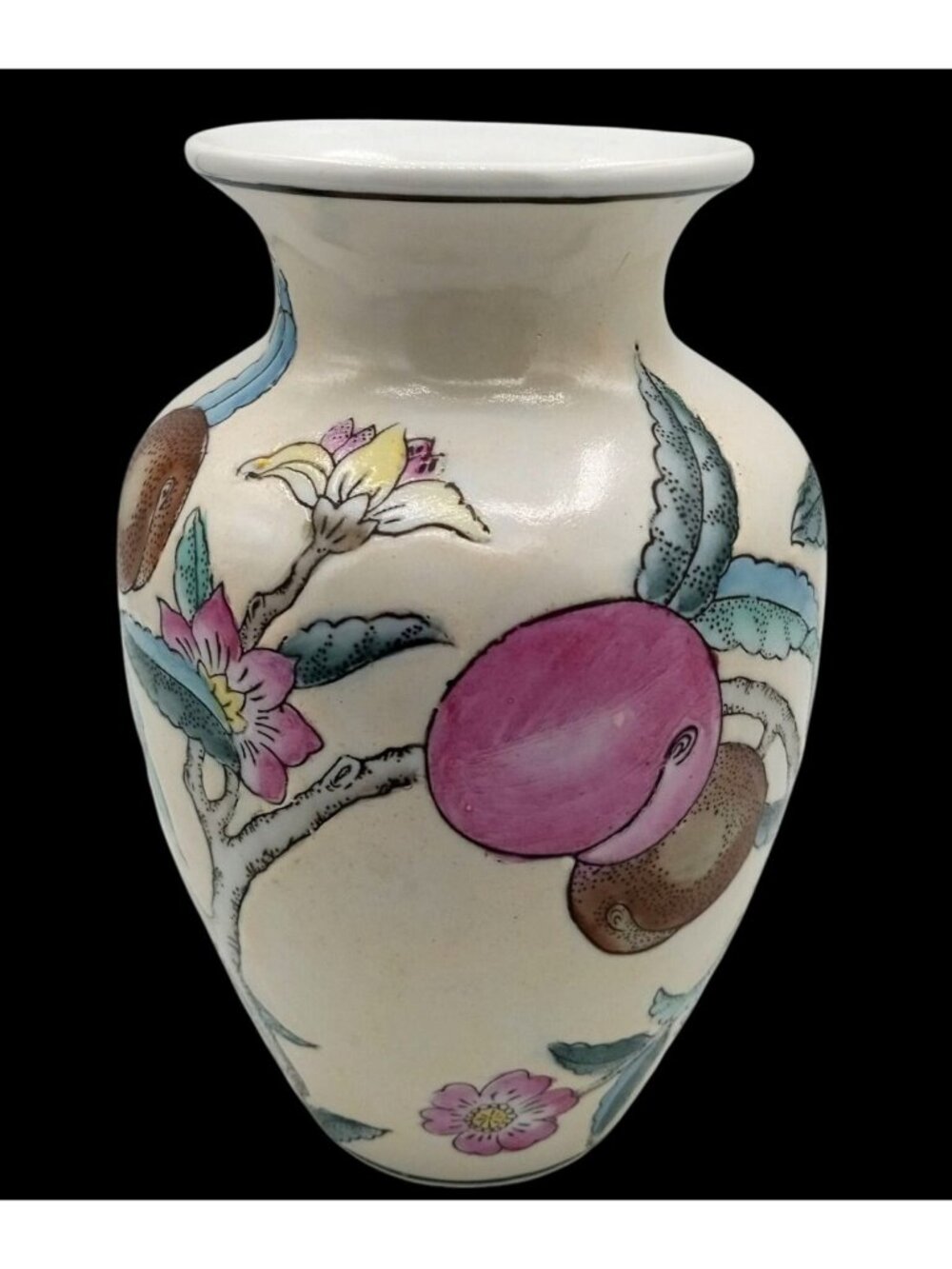 Peach Porcelain Vase Floral Blossom Fruit Design Chinese Vintage 6.25"